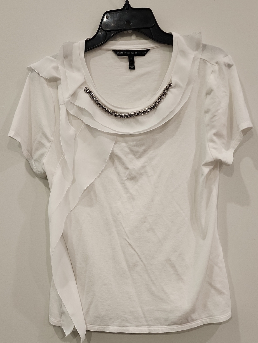 White House Black Market White Short-Sleeve Embellished Neck Tee